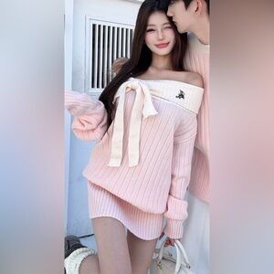 Pink Off-Shoulder Sweater with Bow Detail
